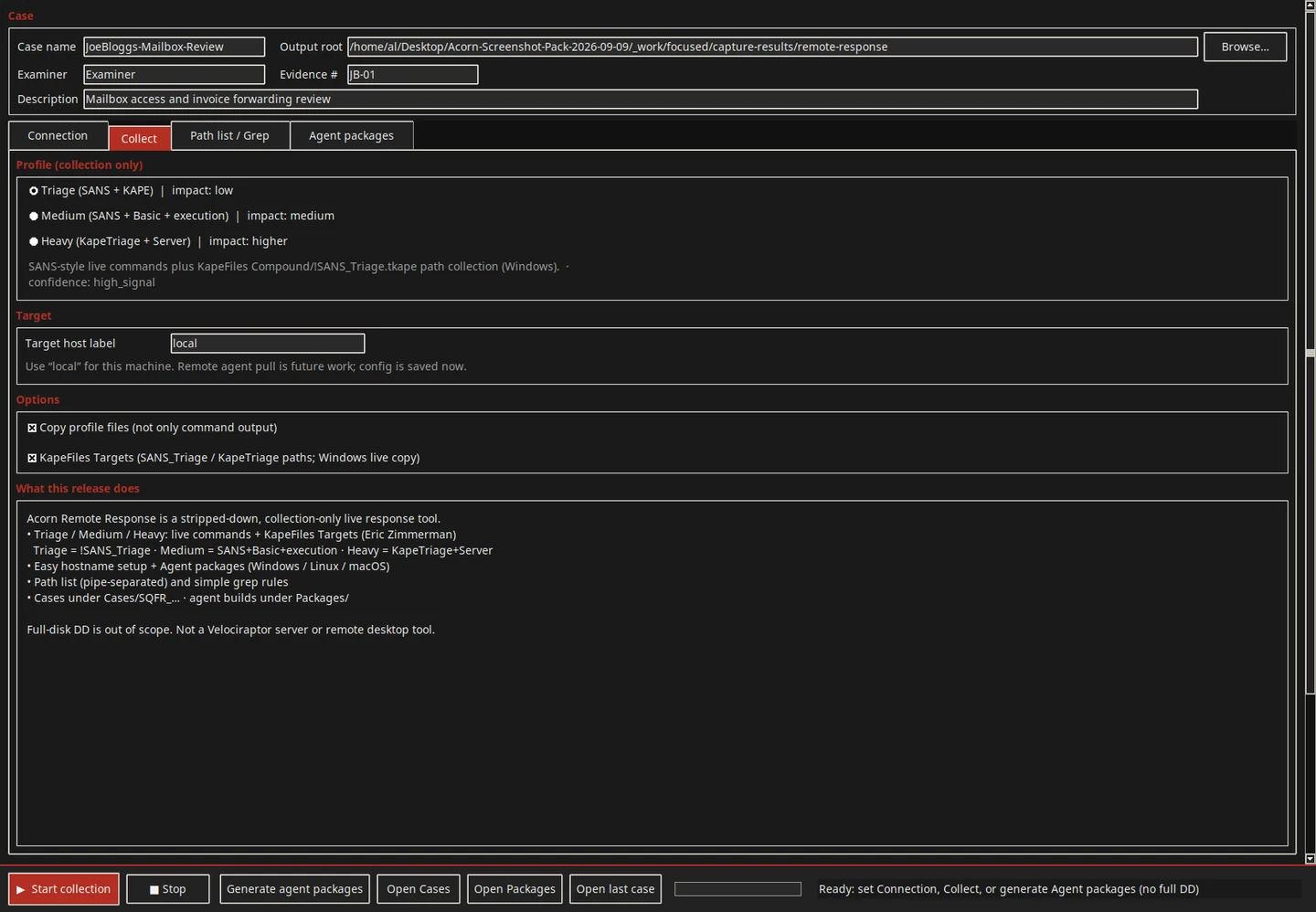 The native collection tab shows available profiles and collection controls for the entered case.