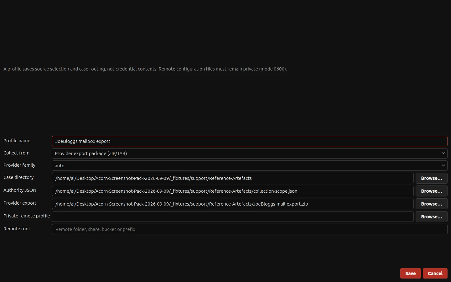 The native profile editor is populated with a local mailbox export package, case folder and scope-file path. Provider-export import is selected; the connector menu separately identifies other routes.