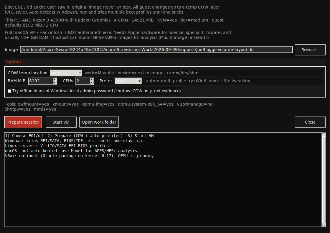 The native virtual-boot dialog presents the source image, host resource assessment and temporary copy-on-write location. CPU, memory and hypervisor options can be reviewed before attempting a guest boot.