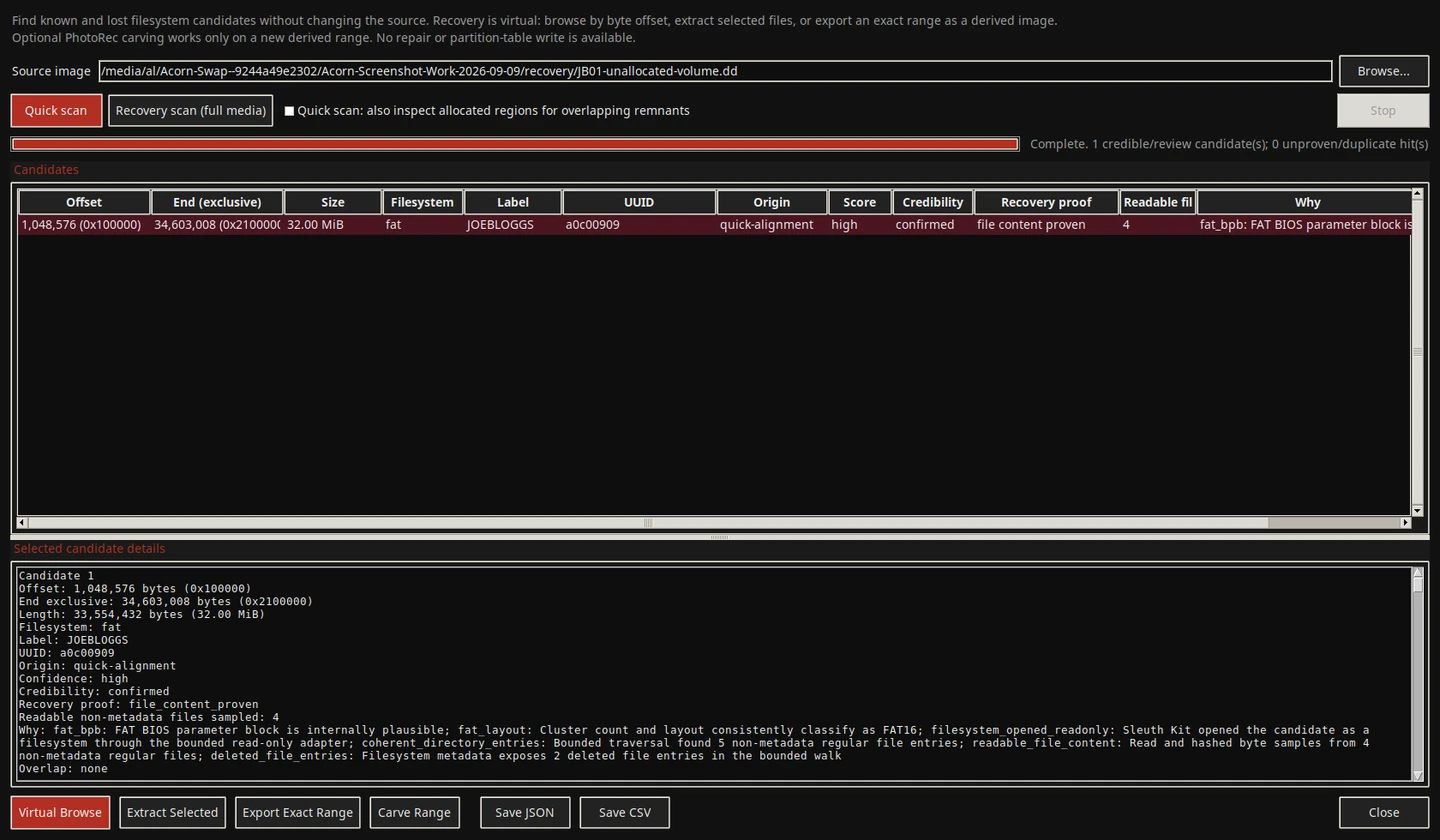 The native scanner locates a FAT16 volume at byte offset 1048576 despite the missing partition table. This is a constructed image, not an actual client disk.