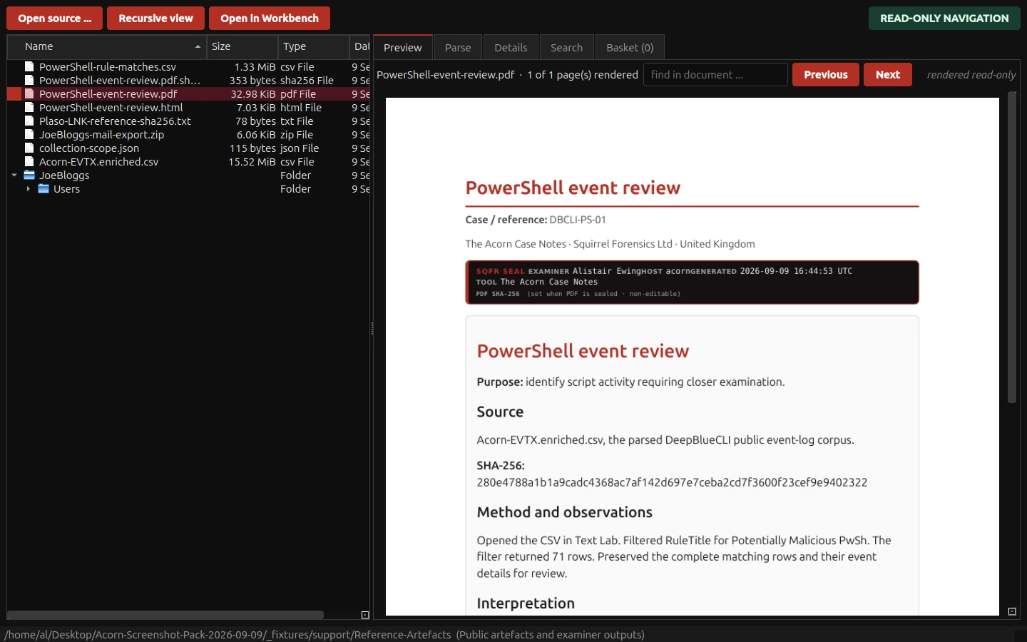 The native Navigator renders the Case Notes PDF beside its source export and reference files. The selected report records a real filter operation on public event-log data.