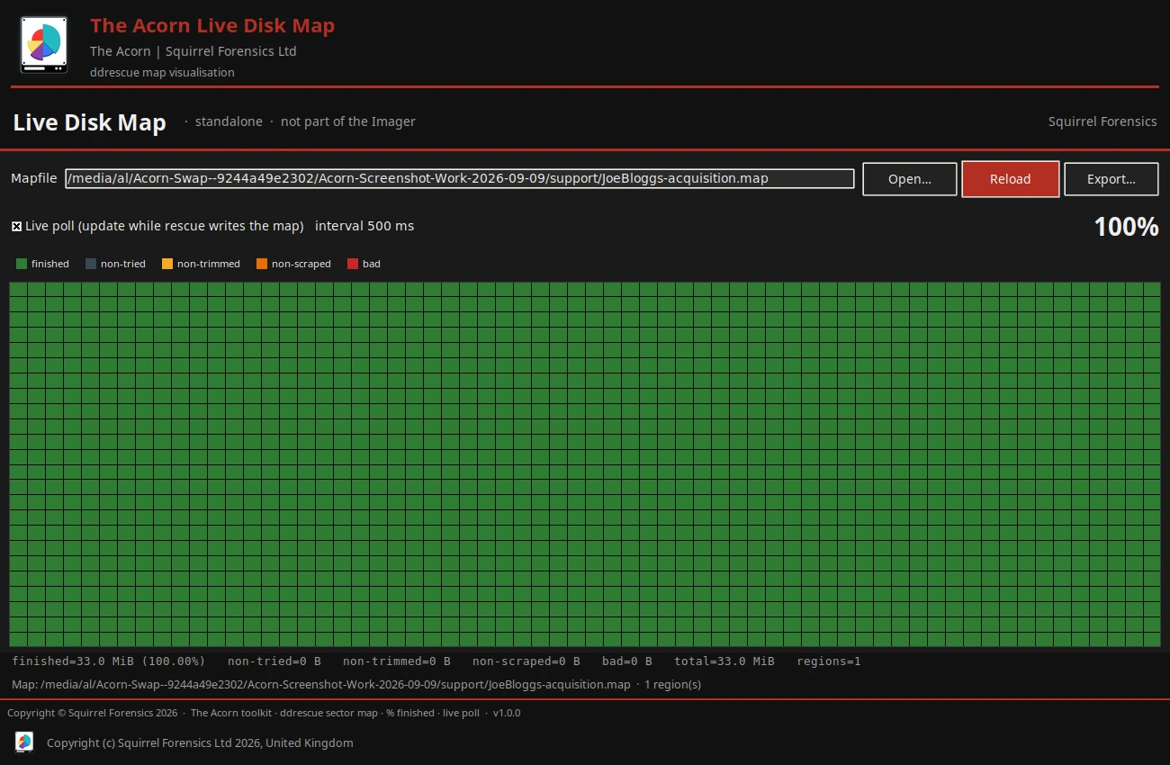 The native disk-map viewer reads the map from a completed file-to-file GNU ddrescue acquisition. All 33 MiB were copied, the source and destination hashes match, and the map records no read errors.