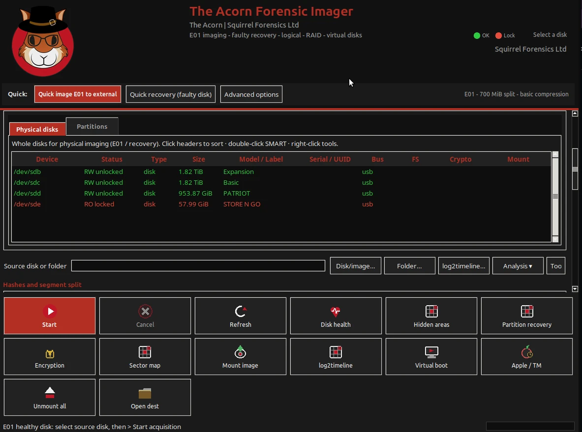 Supplied screenshot of the Acorn Forensic Imager with its disk inventory populated. No acquisition outcome is inferred from this setup screen.