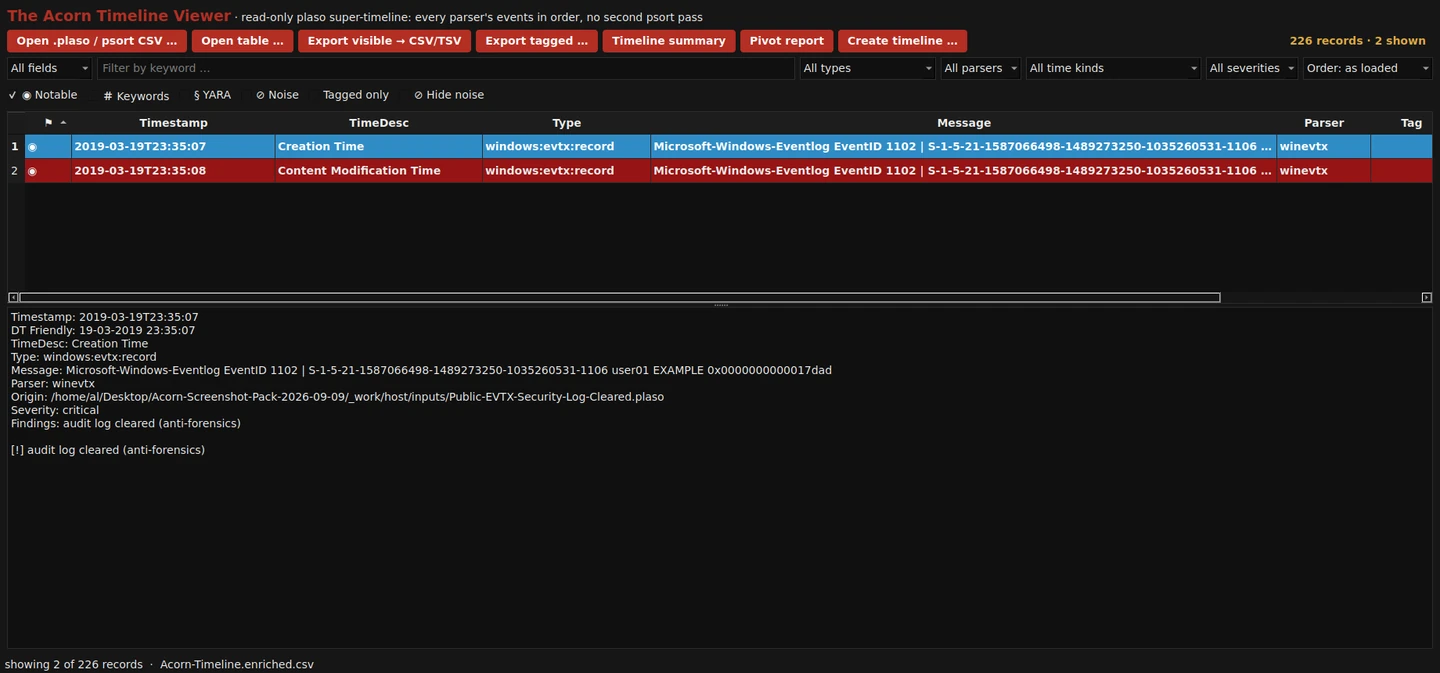 The native Timeline Viewer filters 226 public training timeline rows to two timestamp entries describing Windows Security Event 1102, an audit-log clearing event. The recorded account and SID remain visible in the event details.