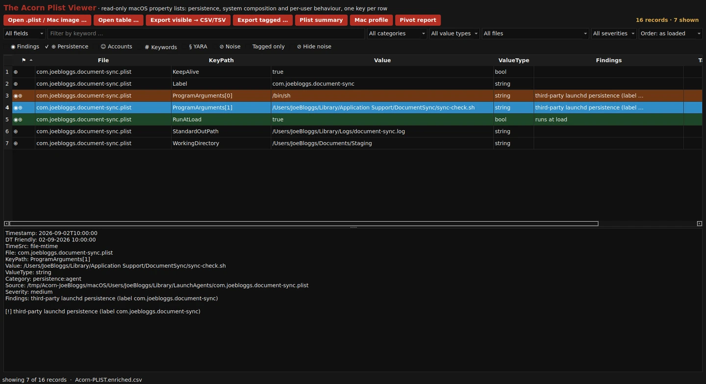 The native property-list parser expands a constructed LaunchAgent into individual keys: its label, program arguments, working folder and launch conditions can be reviewed together.