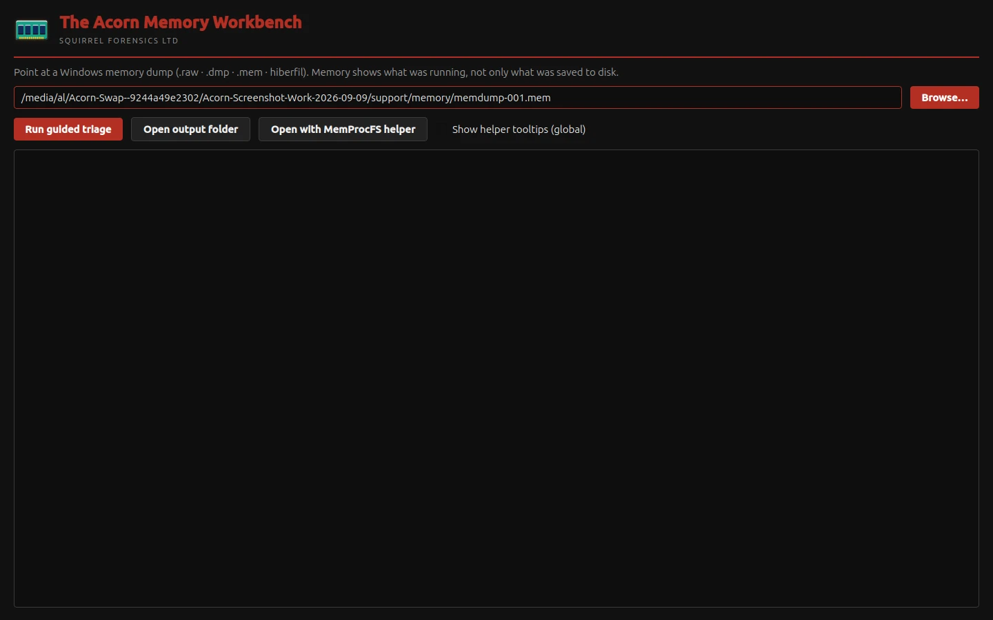 The native workbench is configured with the public Magnet CTF Windows memory dump. Guided triage and the separate MemProcFS handoff remain available as distinct controls.