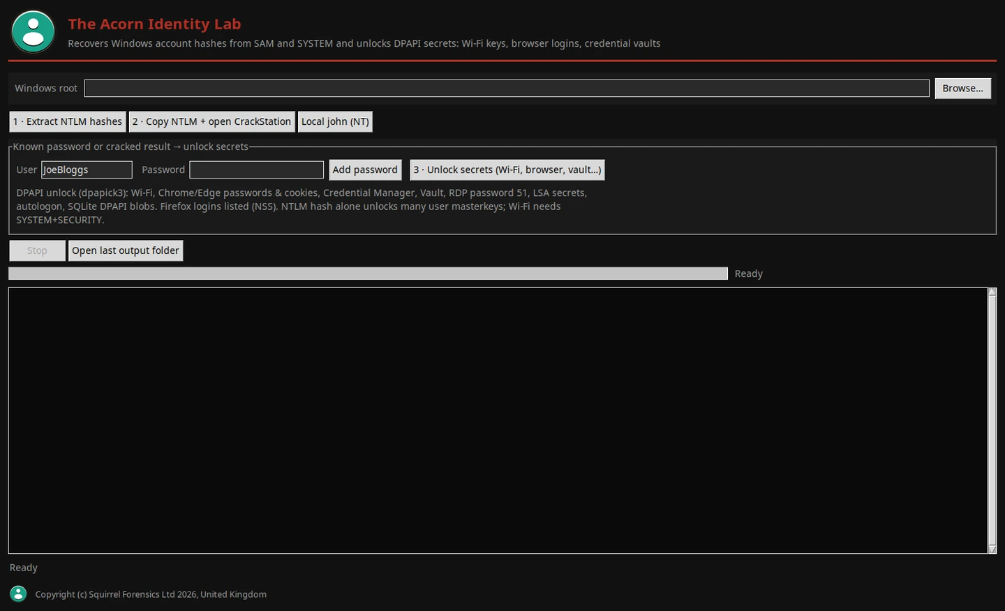 The native Identity Lab interface separates account-hash extraction from password-assisted secret unlocking, and exposes progress and stop controls.