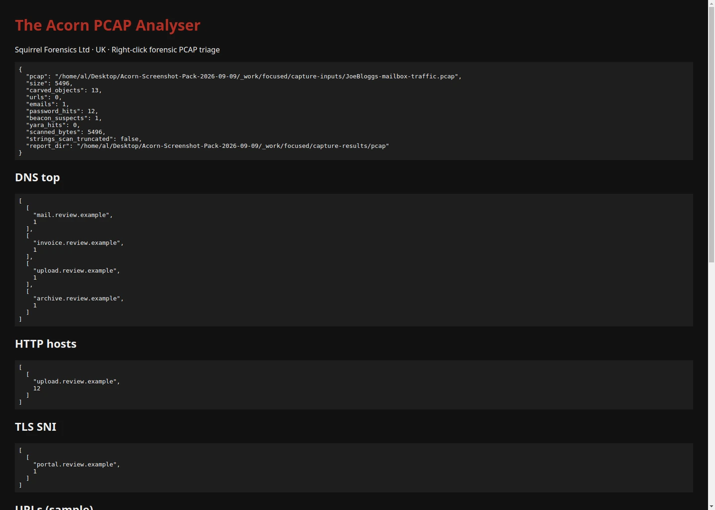 The unchanged PCAP Analyser report records 23 constructed packets, 13 exported HTTP objects, 12 password-adjacent strings and one timing-based beaconing candidate. These outputs are investigative leads from an offline training capture.