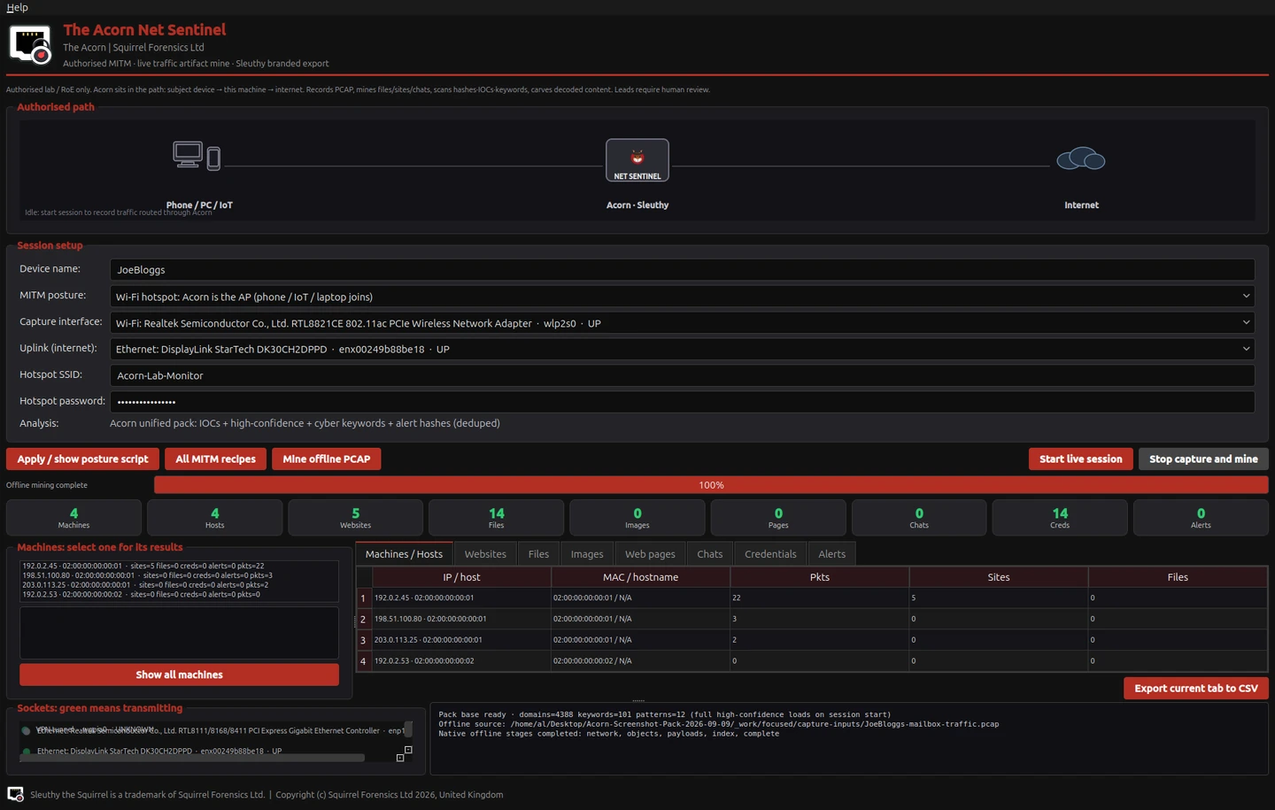 Net Sentinel’s native tables display hosts and sites parsed from the constructed PCAP. The file was processed offline; no live capture or interception was started.