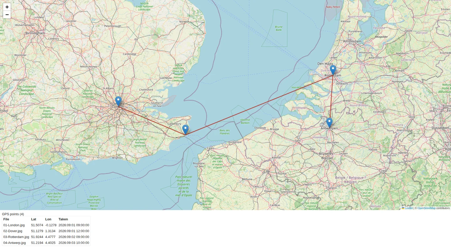 Compare four assigned GPS positions extracted from training photographs. The map links the points in recorded time order; it does not reconstruct a person's journey. The locations are real and the activity is invented. Map data: OpenStreetMap contributors.