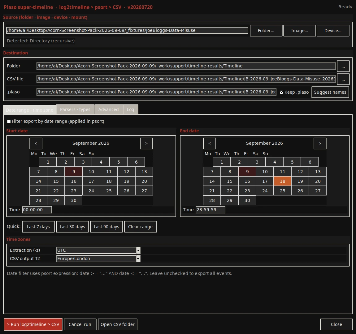 The native Plaso front end identifies the source folder and exposes parser, output, hashing and time-zone settings before timeline processing. Extraction and display time zones are separate controls.