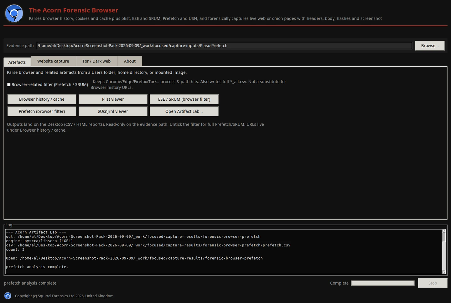 Forensic Browser runs its native Prefetch action against three unmodified public Plaso fixtures. The completed parser output names the CSV and record count.