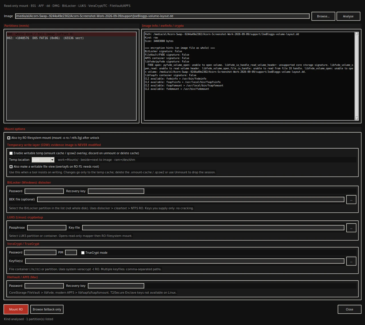 The read-only mount dialog identifies the supplied regular-file disk image and its FAT16 partition. Source information and credential controls remain visible before an examiner chooses a mount action.