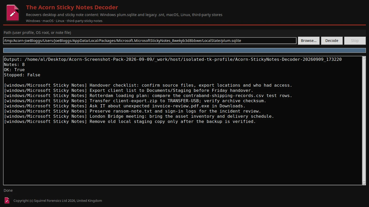 The native Sticky Notes Decoder reads eight notes from a generated Windows plum.sqlite store, including handover, document staging, archive transfer and incident-review reminders.