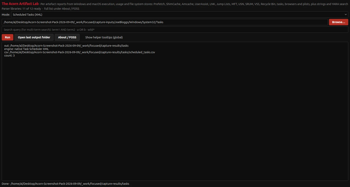 Artifact Lab parses three constructed Scheduled Task XML files and writes a per-artefact CSV. The files describe training actions; none was registered with Windows or executed.