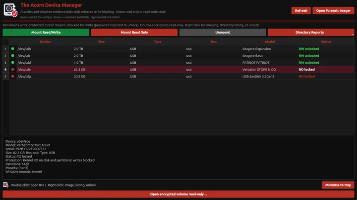 Device Manager controls for inspecting connected media and protection settings.