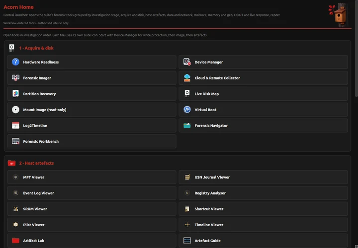 The Acorn home screen with routes into its forensic applications.