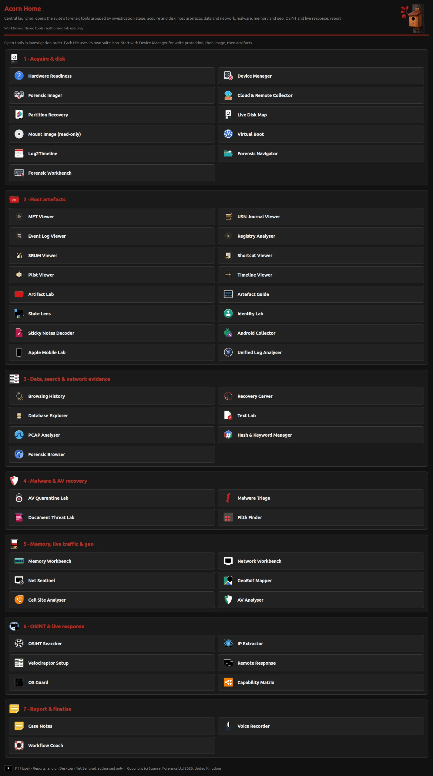 Complete native Acorn Home screen, with 53 launcher entries grouped into seven investigation stages.