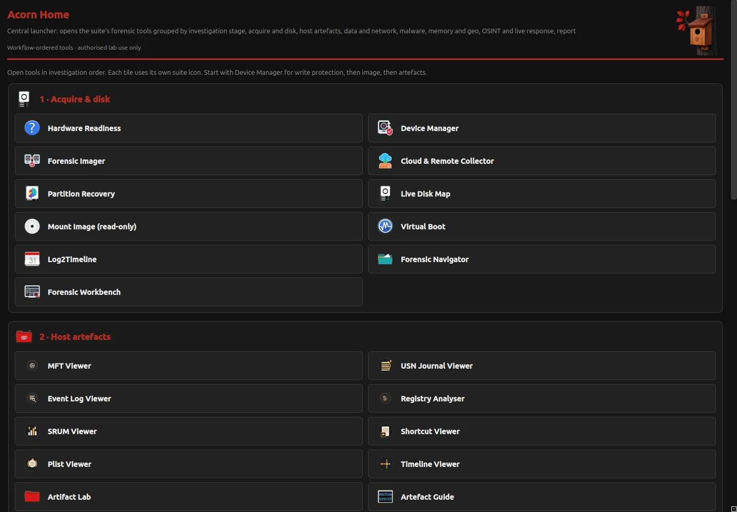 Acorn Home: a task-based starting point for the forensic workflow.