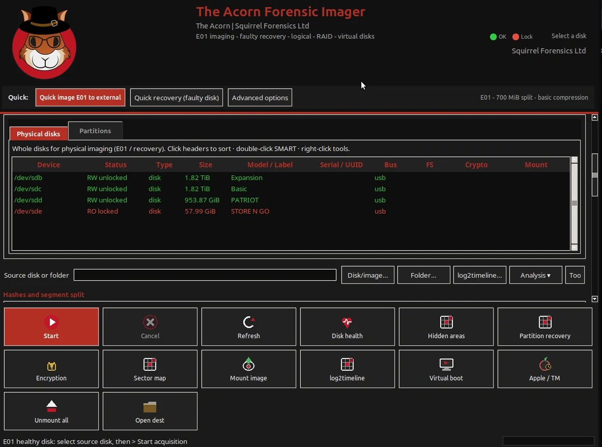 The Acorn Forensic Imager with its disk inventory populated. This interface view shows source selection, not a completed acquisition or a defence deployment.