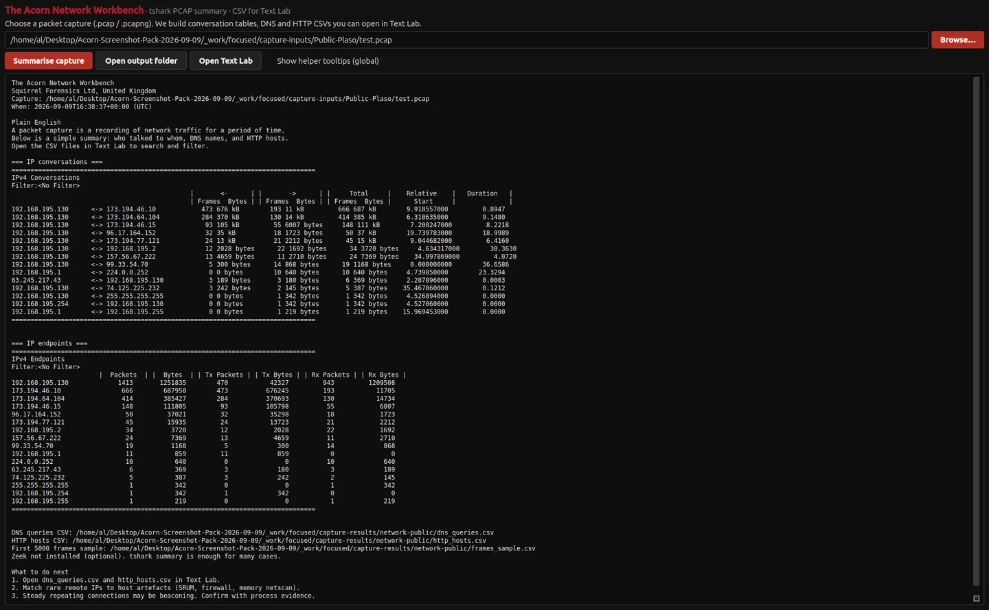 Network Workbench examining a public Plaso packet capture from July 2013. Its historical conversations illustrate review tools, not operational defence traffic or a finding of malicious activity.
