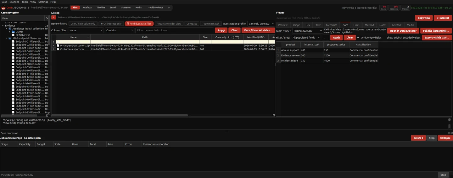 A constructed commercial-data example in the Workbench: review a pricing table and tag the selected file while retaining its source and case context.